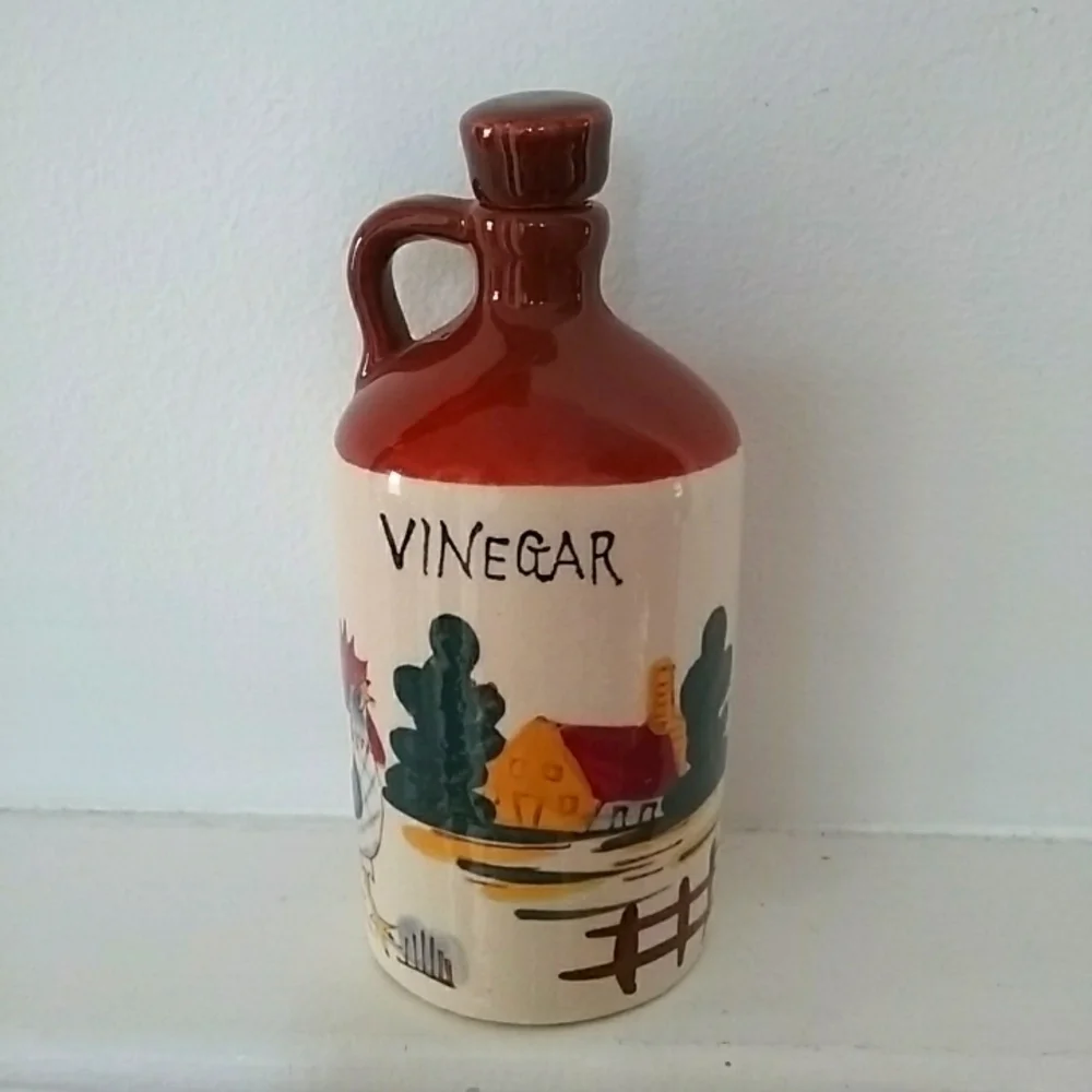 VTG RELCO JAPAN Blue Rooster Brown Stoneware VINEGAR with PEPPER